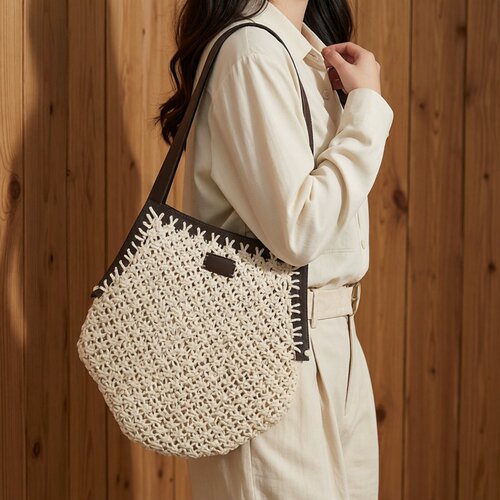 手工草编镂空PU皮手提沙滩包