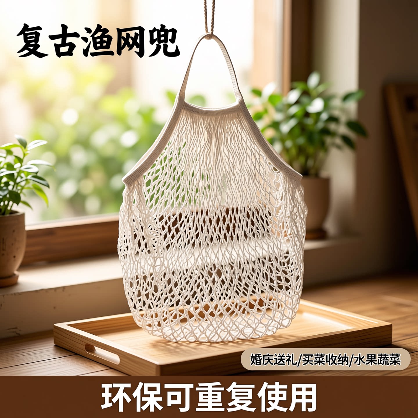 婚庆送礼收纳神器编织网兜蛋糕买菜水果蔬菜购物袋网红渔网兜复古