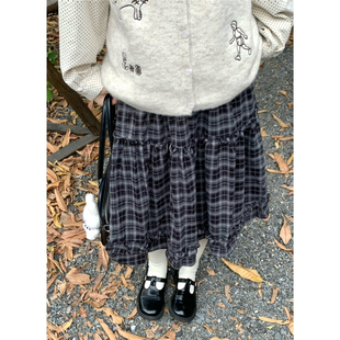 踏进银河 日系复古花边格纹中裙秋冬百搭减龄a字裙女 奥利奥曲奇