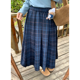 踏进银河 学院风宽松a字格纹毛呢半身裙秋冬高腰百搭格子百褶裙女