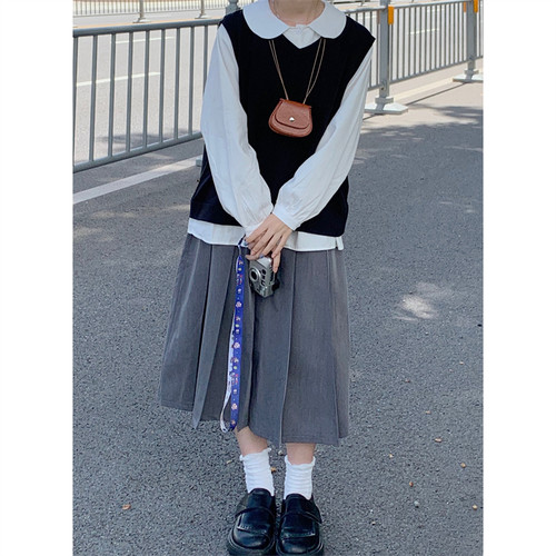 日系学院风灰色百褶半身裙高腰女