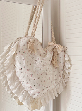 NanNanS贝尔蒂 爱心枕头包包女碎花纯棉布蕾丝边田园风原创Lolita