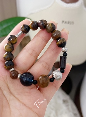 新中式虎眼石琉璃串珠民族风复古木质多元素手串小众设计百搭手饰