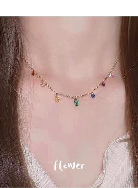 彩色水晶钛钢项链复古小众轻奢气质高级ins风锁骨链温柔梦幻TX07