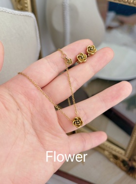 法式轻奢复古玫瑰花流苏吊坠钛钢项链气质小众设计时尚山茶花套装