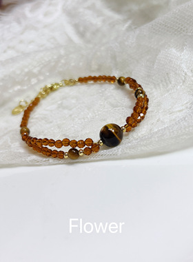 天然虎眼石双层手链小众轻奢复古美拉德气质百搭金色配珠招财手串