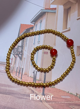 原创手作红色玛瑙金色圆珠弹力绳手链戒指气质轻奢小众时尚手饰