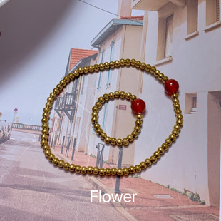 原创手作红色玛瑙金色圆珠弹力绳手链戒指气质轻奢小众时尚 手饰