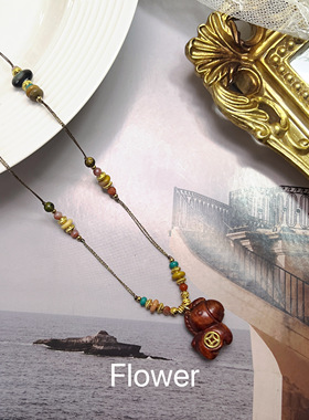 马上有钱木制小马吊坠天然石串珠项链气质复古小众设计招财毛衣链