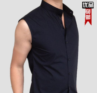 春夏男装韩版修身无袖衬衫男士立领休闲沙滩运动大码衬衣潮男夜店