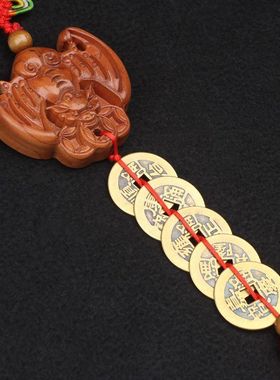桃木福鼠蝙蝠吊钱挂件五帝钱木雕福鼠吊钱横梁压顶压床卧室挂件