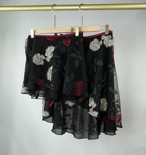 黑色双层玫瑰刺绣芭蕾舞半身短裙长裙一片式系带教师基训裙表演裙
