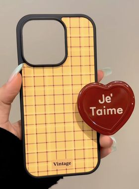 黄底格子黑色边框英文爱心适用iphone16promax苹果15pro手机壳14p苹果16pro红色英文爱心支架