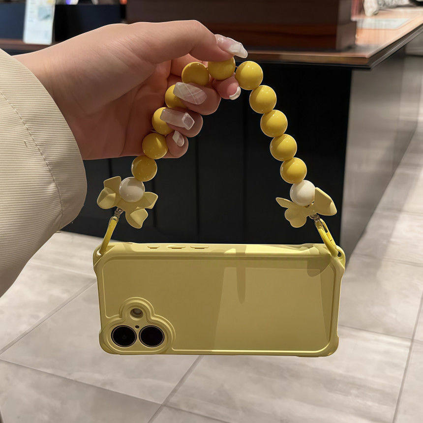 适用于奶黄圆珠链条四角开孔手机壳iPhone16ProMax苹果15pro腕带14挂绳13软