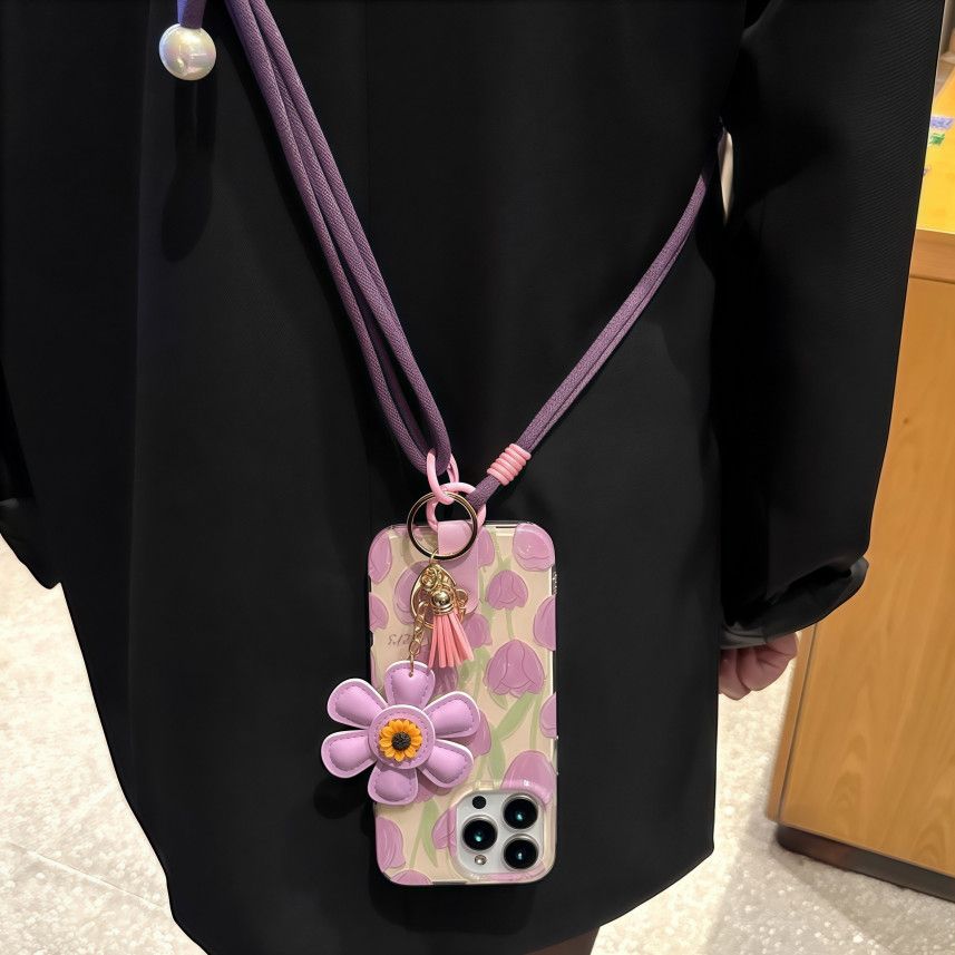 适用于流苏紫郁金香苹果16ProMax手机壳iphone15pro斜挎14挂绳13腕带12