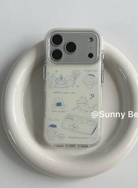 韩系可爱蓝线条草莓小猫适用苹果17promax手机壳iphone16全包1514