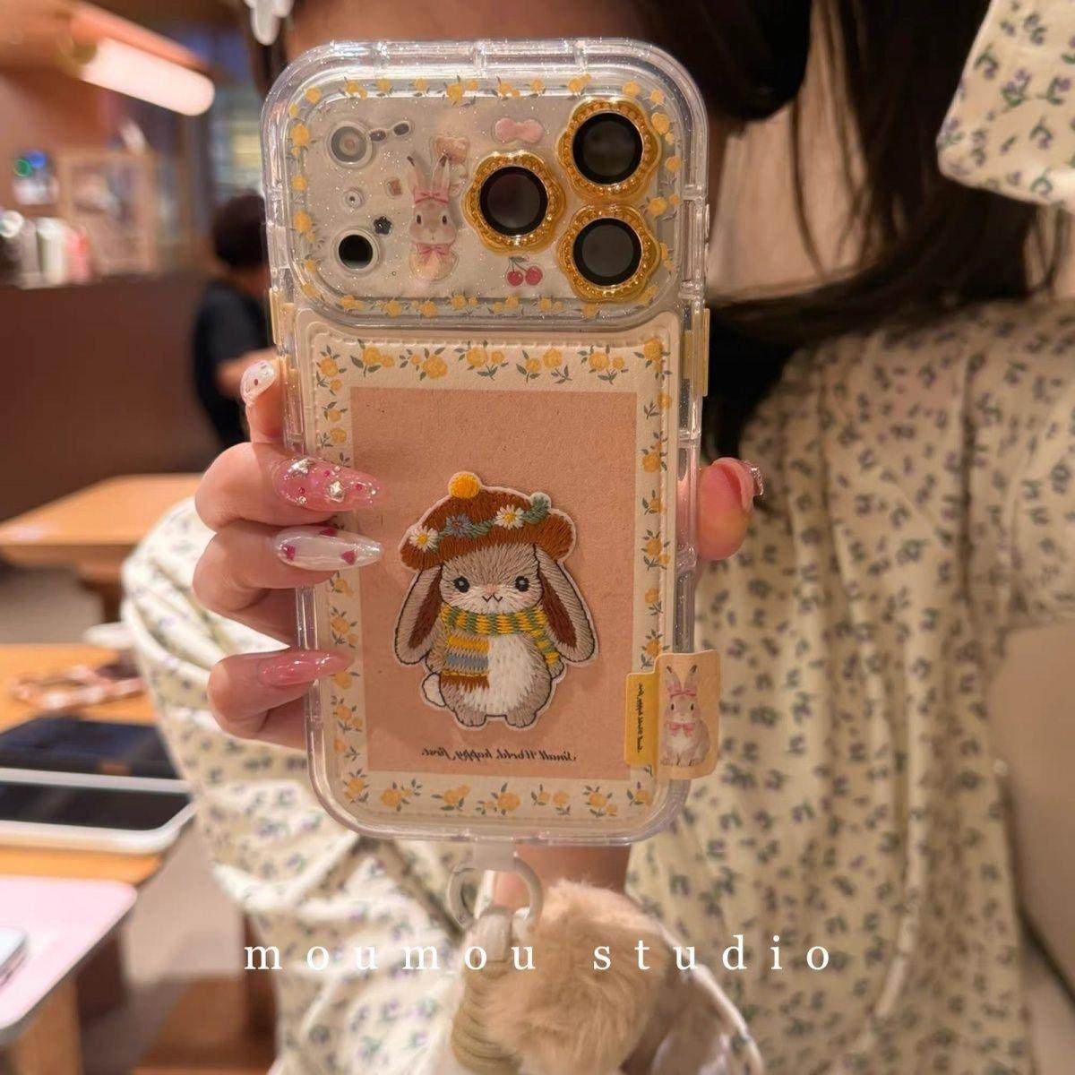 可爱黄色花朵刺绣兔子适用iphone17promax苹果16手机壳皮质15全包