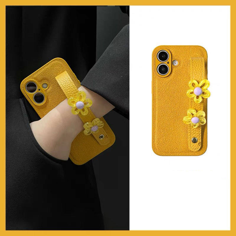 小众黄色镂空花朵腕带适用于苹果16promax手机壳iphone15plus时尚14/13pro创意12/11promax极简XR/XSmax