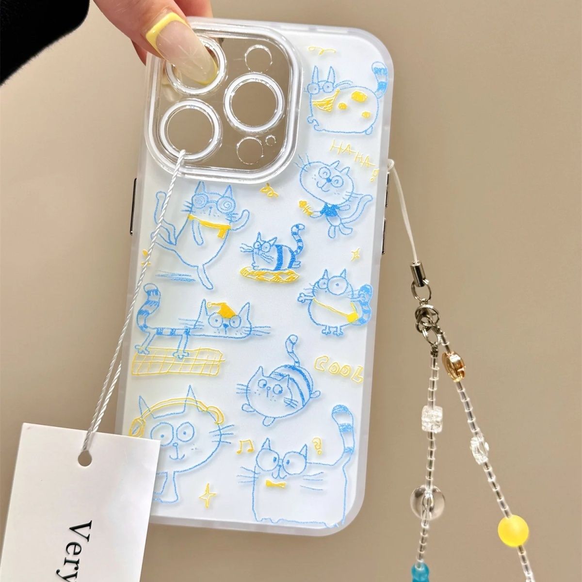 适用于趣味可爱涂鸦蓝黄线条猫咪链条苹果16promax手机壳iphone15pro14/13