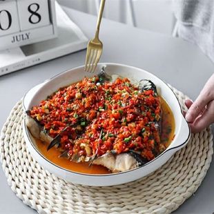 特色陶瓷防烫双耳盘大号剁椒鱼头盘家用精致水果盘蒸盘深圆盘菜盘