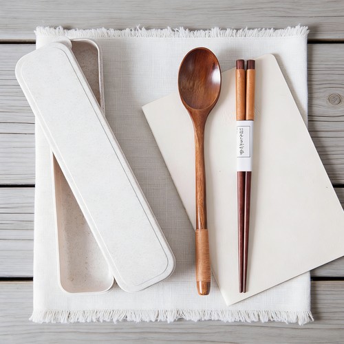 便携式外带木质勺子筷子收纳盒 三件套家用长柄小汤勺餐具盒套装J