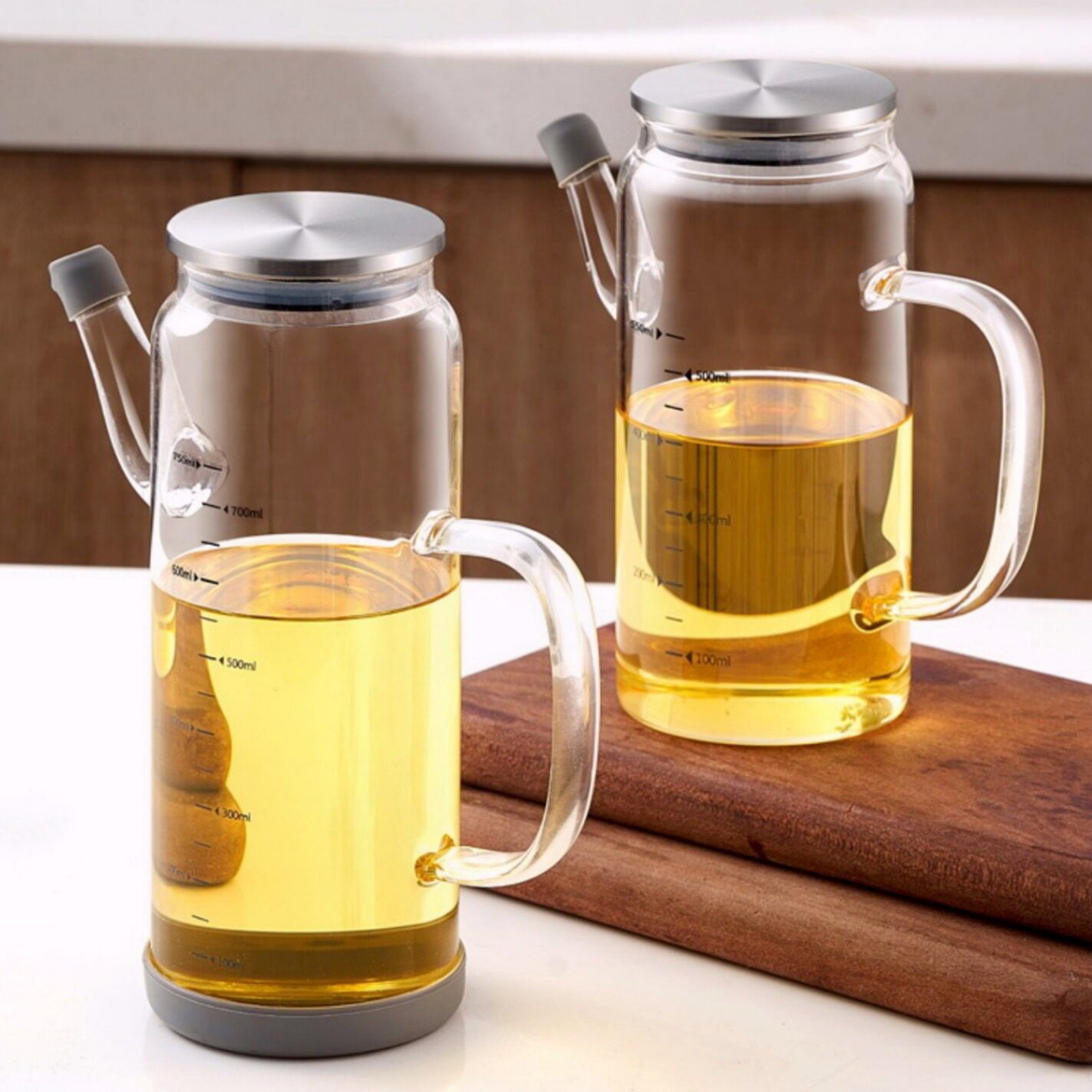 耐热玻璃油壶不挂油带刻度油瓶子家用防漏酱油醋壶不锈钢盖带把手