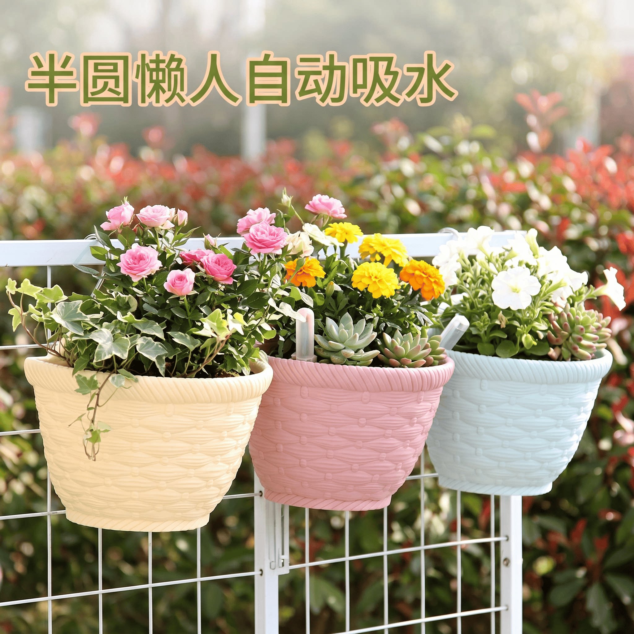 壁挂花盆塑料半圆懒人自动吸水盆水培吊盆围栏悬挂花盆墙壁壁挂盆