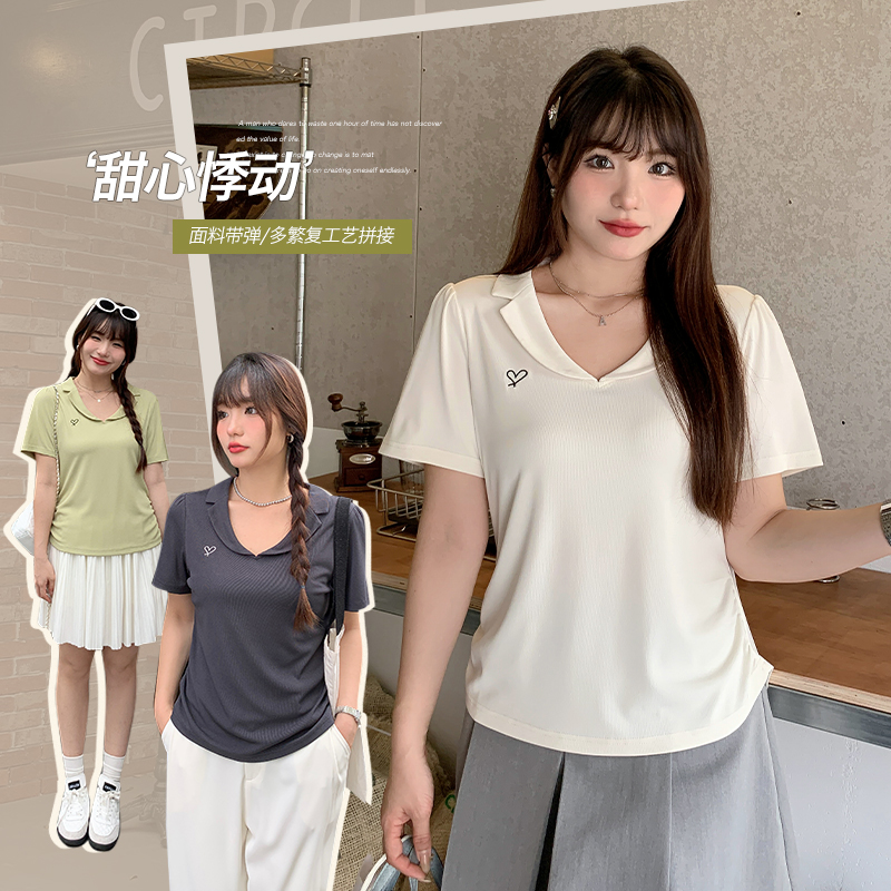 正肩泡泡袖显瘦V领t恤女夏季胖mm大码收腰缩褶短袖刺绣上衣62876