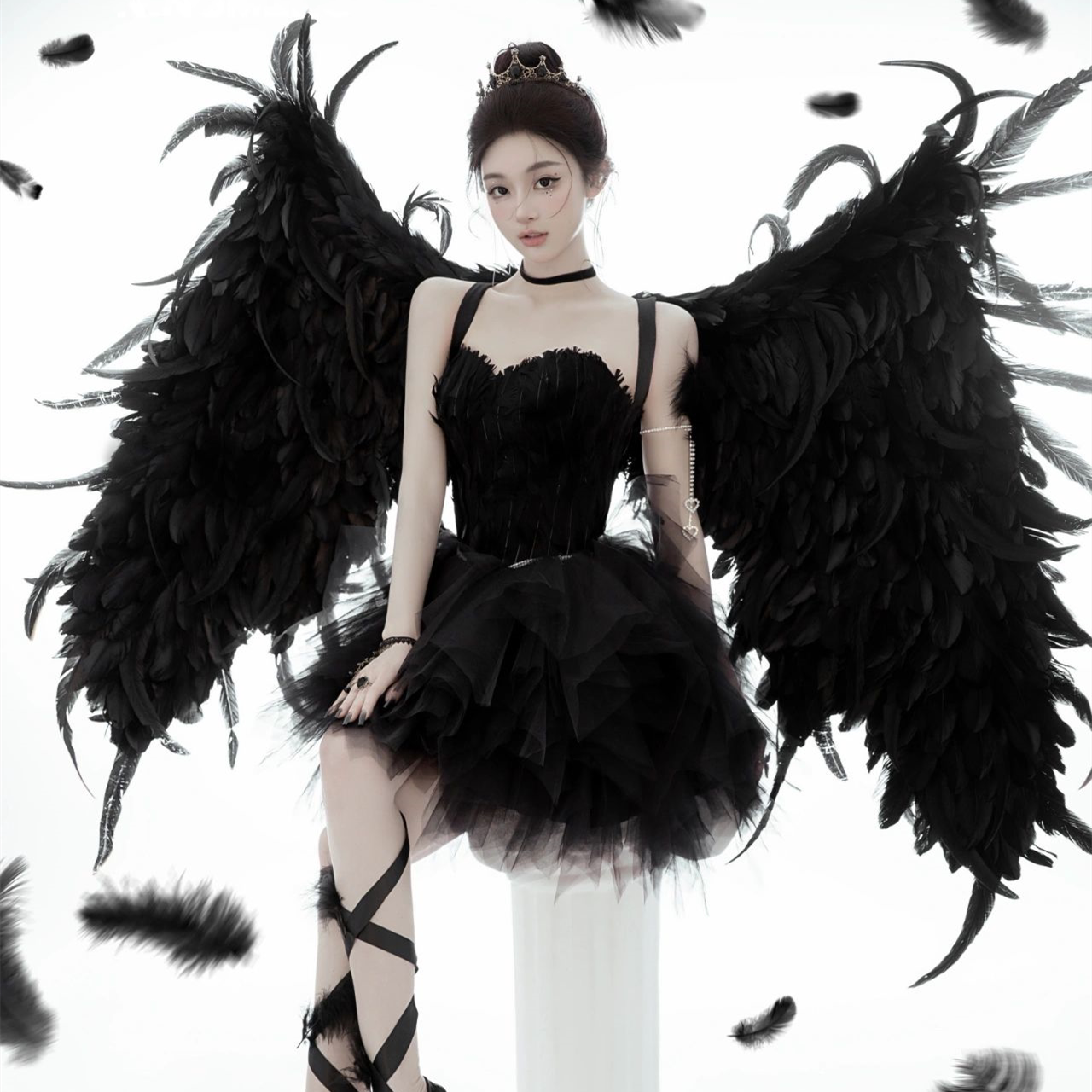 影楼摄影主题黑天鹅暗黑系精灵少女个人写真服装芭蕾舞蹈羽毛礼服