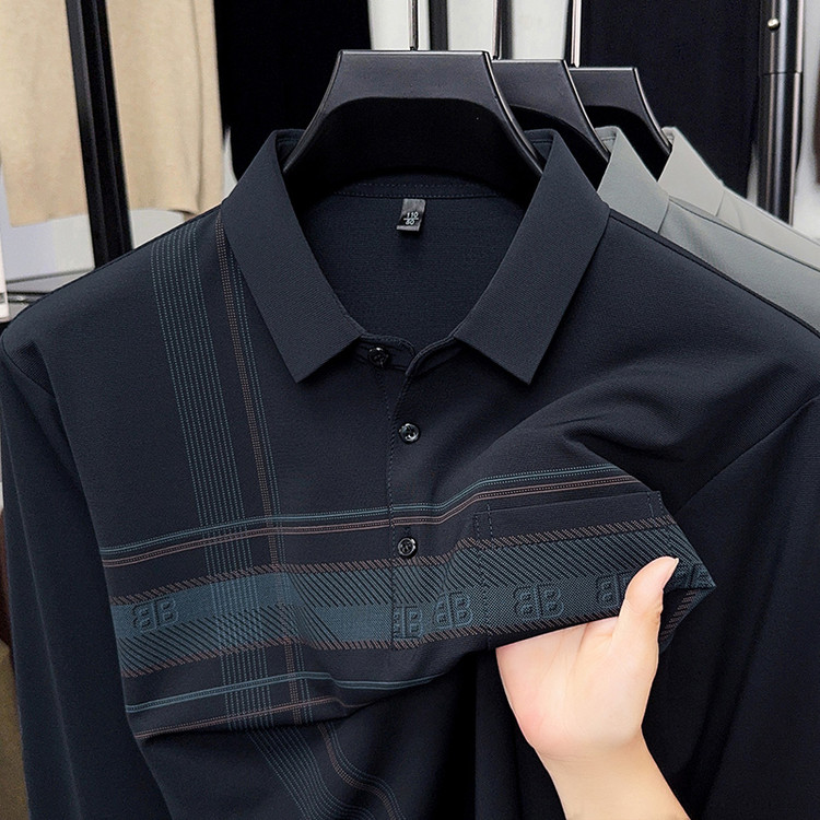 真口袋男士长袖t恤早秋款中年爸爸装宽松Polo衫上衣服翻领打底衫