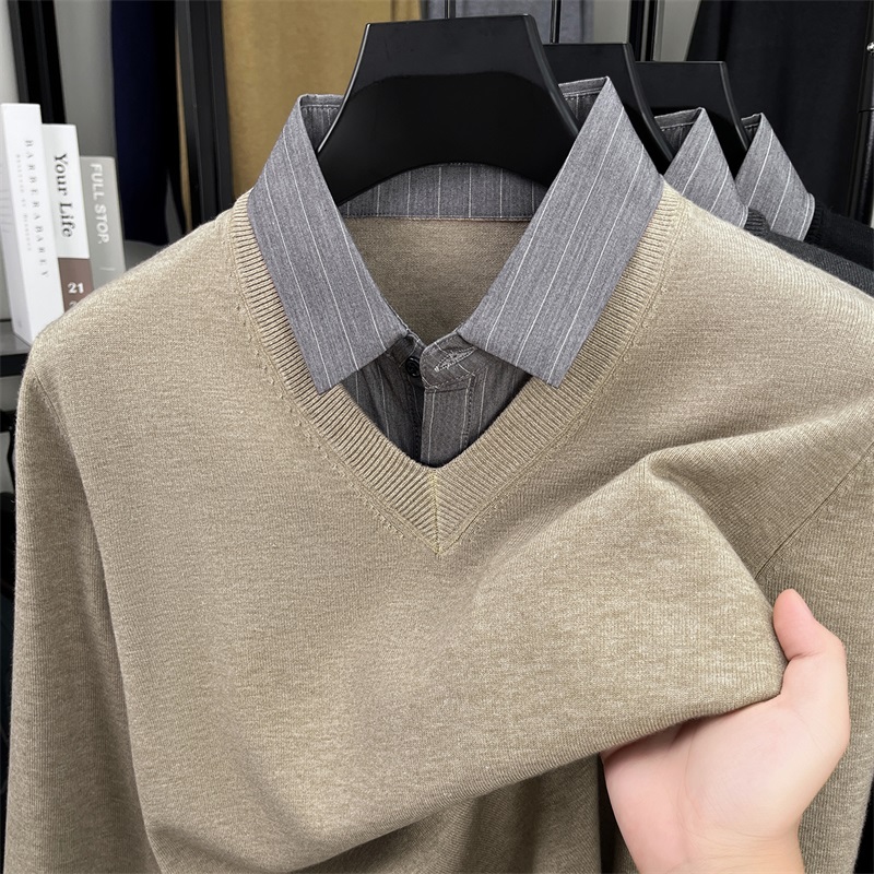 中年假两件保暖羊毛衫男士秋冬季针织打底衫翻领加绒加厚毛衣男潮