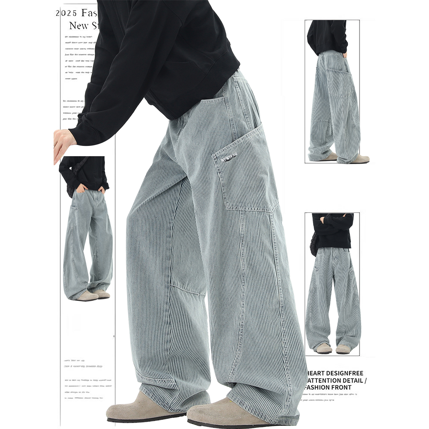 美式复古竖条纹大口袋弯刀牛仔裤