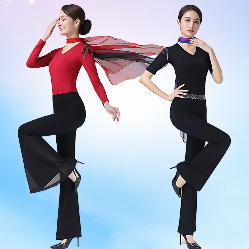 现代舞女V领微喇练功服套装