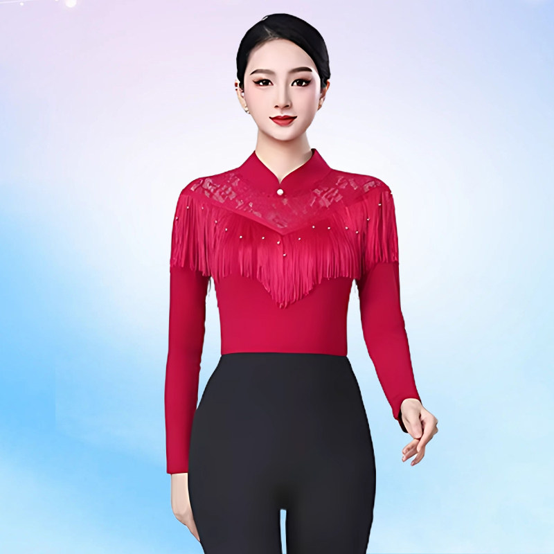 红色立领流苏长袖舞蹈服女装现代舞拉丁舞水兵舞广场舞上衣练功服