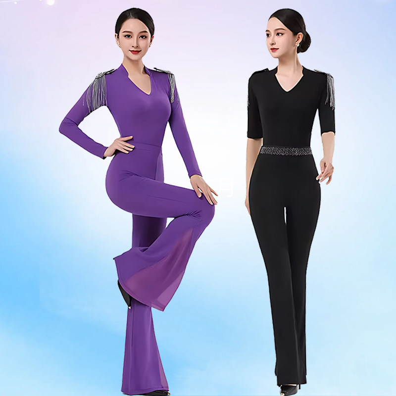 现代舞女V领流苏修身练功服套装