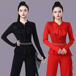 拉丁舞上装女款长袖蝴蝶结荷叶边亮片练功服显瘦摩登舞蹈服演出服