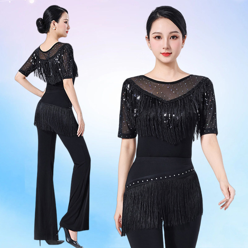 形体训练服装女套装2026新款流苏亮片中袖上衣导师走秀舞蹈练功服