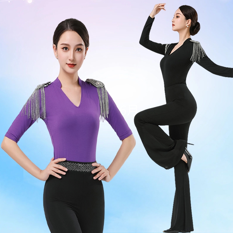 高端形体服套装女艺考新款舞蹈礼仪导师模特走秀连体上衣喇叭裤子