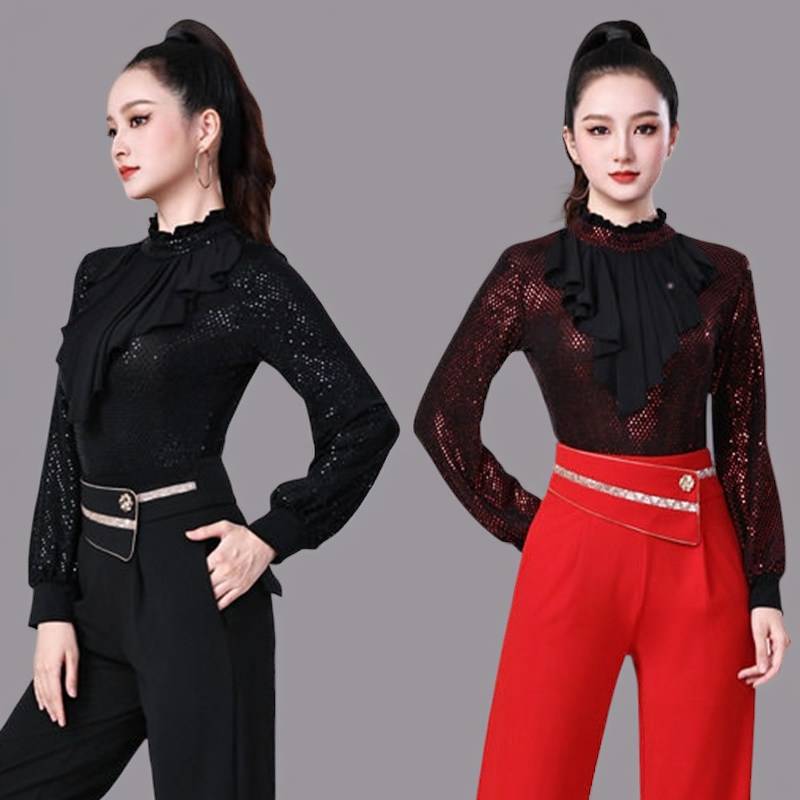 时尚亮片荷叶边拉丁舞上衣女