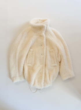N • MORE  暖白色立领羊羔毛泰迪大衣外套女中长款