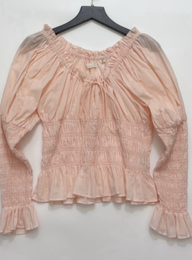 法式浪漫夏季打揽弹力收腰大圆领抽绳上衣