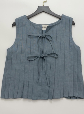 小众亚麻褶裥系带镂空无袖上衣