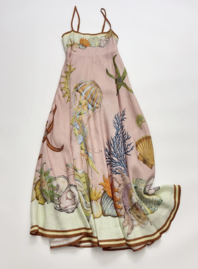 亚麻印花吊带粉色连衣裙 度假风沙滩度假风长裙