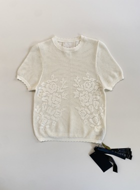 Tèbianco白茶•玫瑰花菱形镂空网眼针织衫T恤百搭宽松设计师