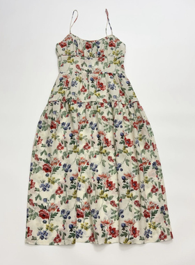 田园碎花印花吊带长裙 修身高腰露肩连衣裙