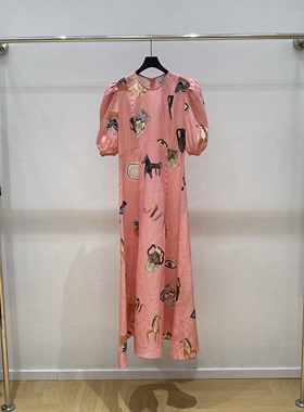 澳洲设计师泡泡袖粉色趣味印花亚麻连衣裙 长款