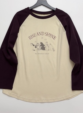 韩系减龄猫咪字母印花拼色插肩袖 圆领T恤