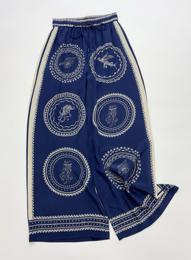 法式印花松紧腰抽绳休闲裤～蓝色水母真丝印花 阔腿裤