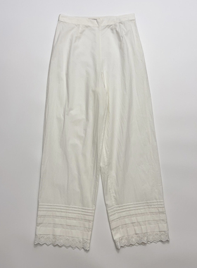 镂空刺绣花边休闲直筒裤 白色高腰长裤