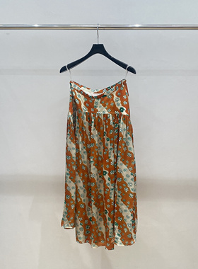 治愈橙色 斜纹真丝复古印花打褶A字半身裙
